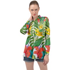 Tropical Greens Leaves Monstera Long Sleeve Satin Shirt