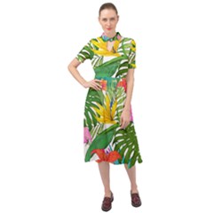 Tropical Greens Leaves Monstera Keyhole Neckline Chiffon Dress