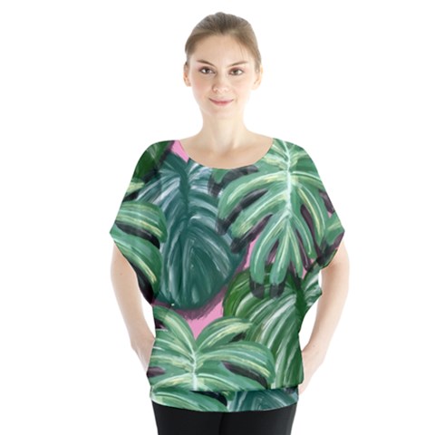 Painting Leaves Tropical Jungle Batwing Chiffon Blouse by Simbadda