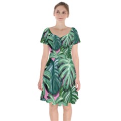 Painting Leaves Tropical Jungle Short Sleeve Bardot Dress by Simbadda