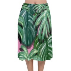 Painting Leaves Tropical Jungle Velvet Flared Midi Skirt by Simbadda