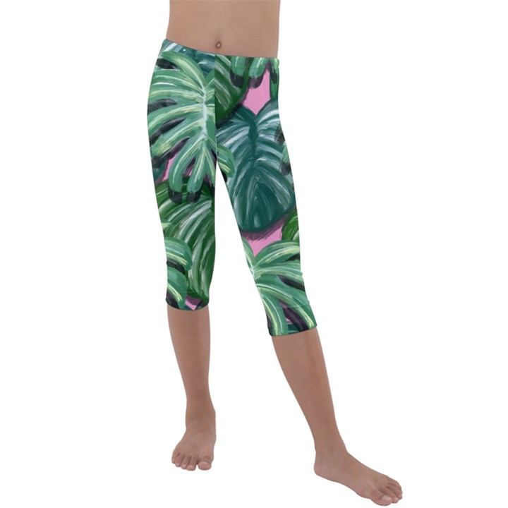 Painting Leaves Tropical Jungle Kids  Lightweight Velour Capri Leggings 