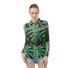 Painting Leaves Tropical Jungle Long Sleeve Chiffon Shirt