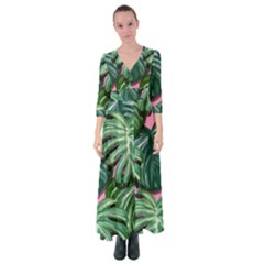 Painting Leaves Tropical Jungle Button Up Maxi Dress