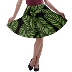 Leaves Black Background Pattern A-line Skater Skirt by Simbadda