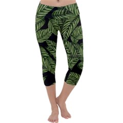 Leaves Black Background Pattern Capri Yoga Leggings by Simbadda