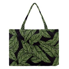 Leaves Black Background Pattern Medium Tote Bag by Simbadda