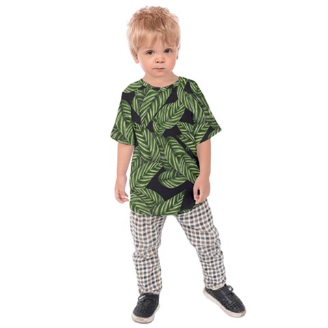 Leaves Black Background Pattern Kids  Raglan Tee by Simbadda