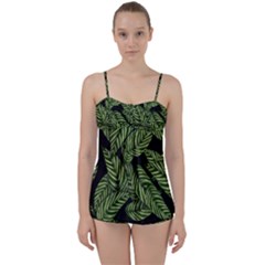 Leaves Black Background Pattern Babydoll Tankini Set by Simbadda