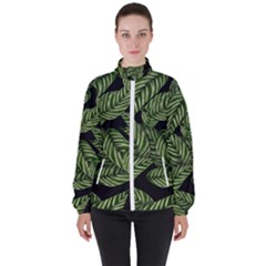 Leaves Black Background Pattern Women s High Neck Windbreaker by Simbadda