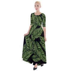 Leaves Black Background Pattern Half Sleeves Maxi Dress