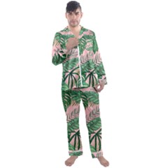 Tropical Greens Leaves Design Men s Satin Pajamas Long Pants Set