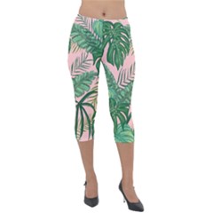 Tropical Greens Leaves Design Lightweight Velour Capri Leggings  by Simbadda