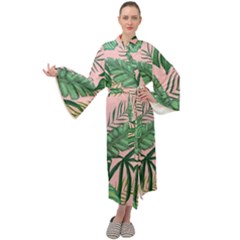 Tropical Greens Leaves Design Maxi Tie Front Velour Kimono