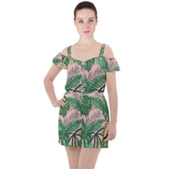 Tropical Greens Leaves Design Ruffle Cut Out Chiffon Playsuit by Simbadda