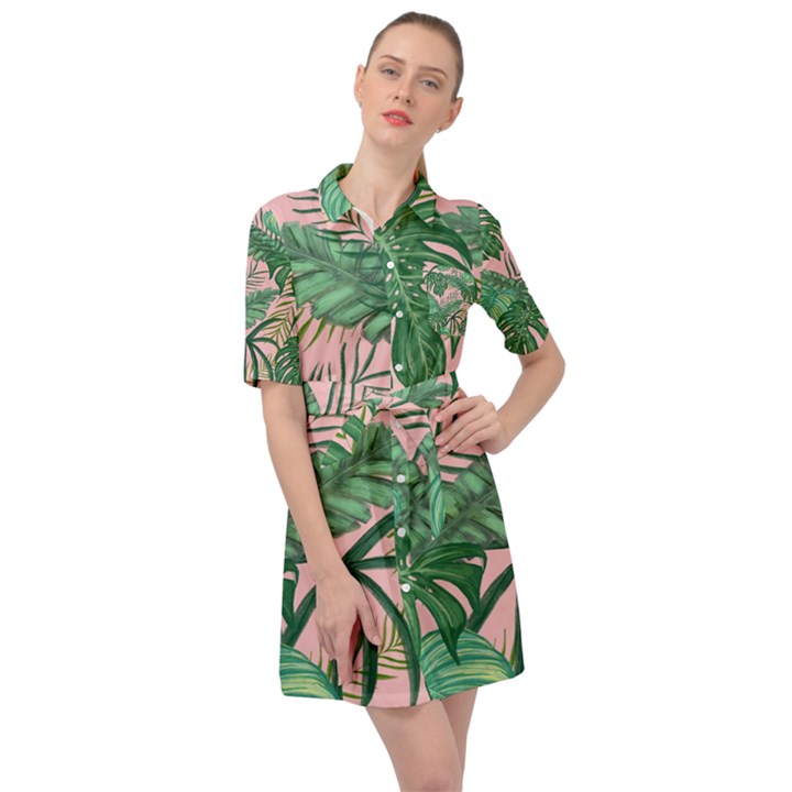 Tropical Greens Leaves Design Belted Shirt Dress