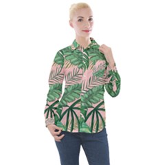 Tropical Greens Leaves Design Women s Long Sleeve Pocket Shirt