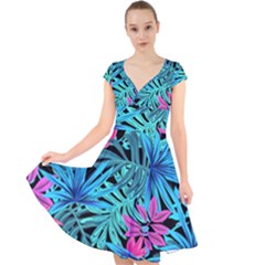 Leaves Picture Tropical Plant Cap Sleeve Front Wrap Midi Dress by Simbadda