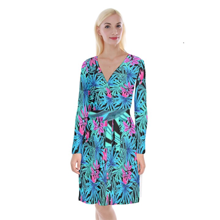 Leaves Picture Tropical Plant Long Sleeve Velvet Front Wrap Dress