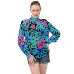 Leaves Picture Tropical Plant High Neck Long Sleeve Chiffon Top by Simbadda