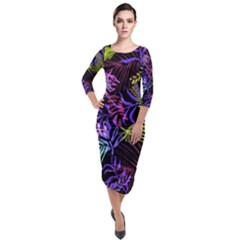 Leaves Nature Design Plant Quarter Sleeve Midi Velour Bodycon Dress by Simbadda