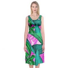 Tropical Greens Monstera Summer Midi Sleeveless Dress by Simbadda