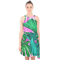 Tropical Greens Monstera Summer Halter Collar Waist Tie Chiffon Dress by Simbadda