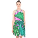 Tropical Greens Monstera Summer Halter Collar Waist Tie Chiffon Dress View1