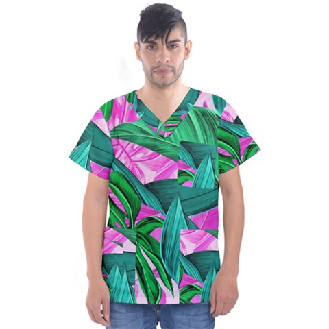 Tropical Greens Monstera Summer Men s V-neck Scrub Top by Simbadda