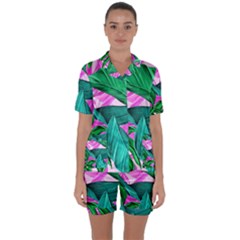 Tropical Greens Monstera Summer Satin Short Sleeve Pyjamas Set by Simbadda