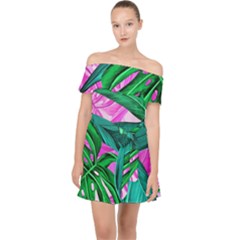 Tropical Greens Monstera Summer Off Shoulder Chiffon Dress by Simbadda