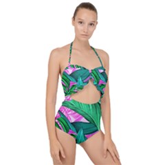 Tropical Greens Monstera Summer Scallop Top Cut Out Swimsuit by Simbadda