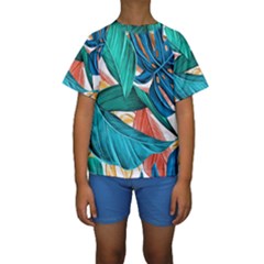 Leaves Tropical Summer Exotic Kids  Short Sleeve Swimwear by Simbadda