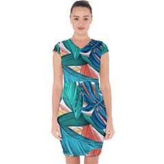 Leaves Tropical Summer Exotic Capsleeve Drawstring Dress  by Simbadda