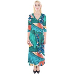 Leaves Tropical Summer Exotic Quarter Sleeve Wrap Maxi Dress by Simbadda