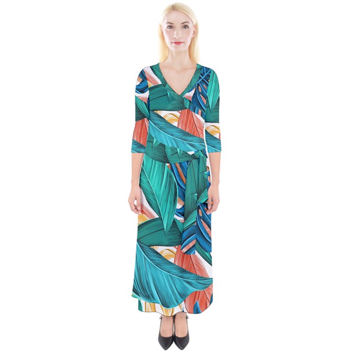 Leaves Tropical Summer Exotic Quarter Sleeve Wrap Maxi Dress