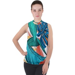 Leaves Tropical Summer Exotic Mock Neck Chiffon Sleeveless Top by Simbadda