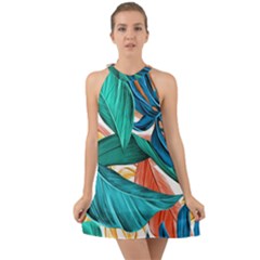 Leaves Tropical Summer Exotic Halter Tie Back Chiffon Dress by Simbadda