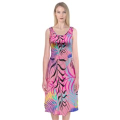 Illustration Reason Leaves Design Midi Sleeveless Dress by Simbadda