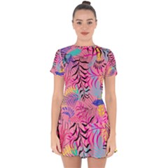 Illustration Reason Leaves Design Drop Hem Mini Chiffon Dress by Simbadda