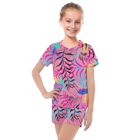 Illustration Reason Leaves Design Kids  Mesh Tee And Shorts Set by Simbadda