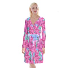 Leaves Tropical Reason Stamping Long Sleeve Velvet Front Wrap Dress by Simbadda