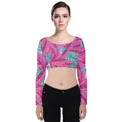 Leaves Tropical Reason Stamping Velvet Long Sleeve Crop Top by Simbadda