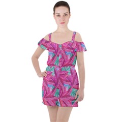 Leaves Tropical Reason Stamping Ruffle Cut Out Chiffon Playsuit by Simbadda