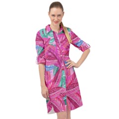 Leaves Tropical Reason Stamping Long Sleeve Mini Shirt Dress by Simbadda