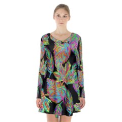 Autumn Pattern Dried Leaves Long Sleeve Velvet V-neck Dress by Simbadda