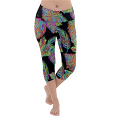 Autumn Pattern Dried Leaves Lightweight Velour Capri Yoga Leggings by Simbadda