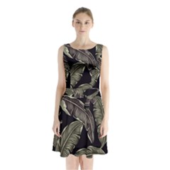 Jungle Leaves Tropical Pattern Sleeveless Waist Tie Chiffon Dress by Simbadda