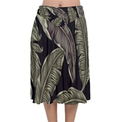 Jungle Leaves Tropical Pattern Velvet Flared Midi Skirt by Simbadda