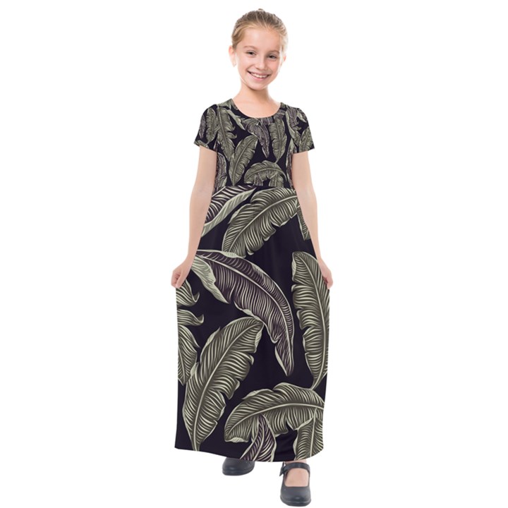 Jungle Leaves Tropical Pattern Kids  Short Sleeve Maxi Dress